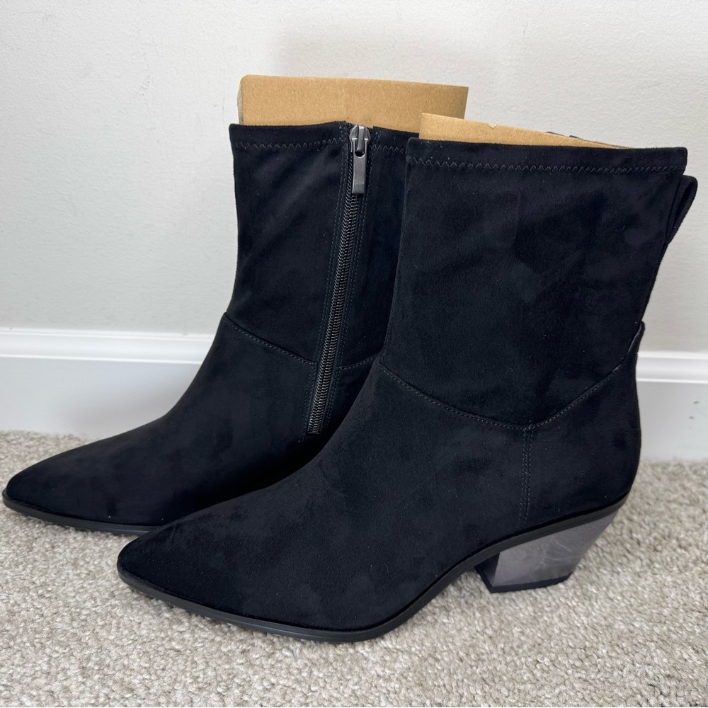 NWT Franco Sarto Sammi Suede Booties Pointed Toe, Silver-Toned Sculptural Heel